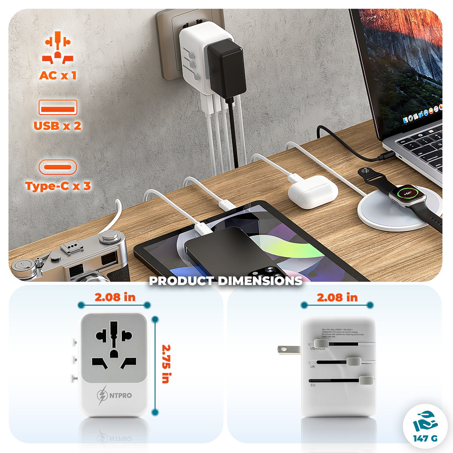 Universal Adapter 35W PD Faster Charging,  2A 3C ports , 10A Portable Charger, Travel Size Worldwide Wall Charger, 2500W Max, Use for 200+ Countries