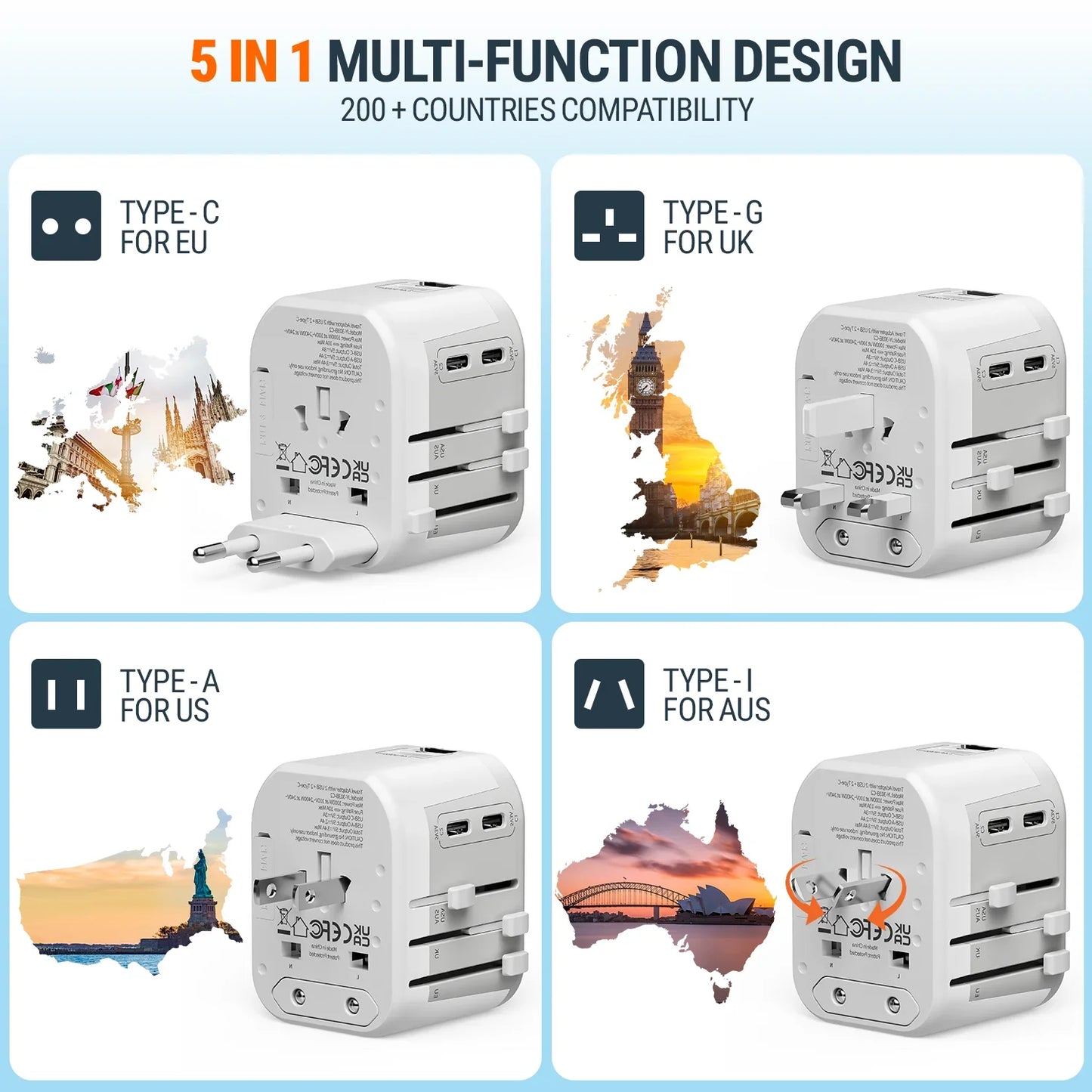 travel adapter for 200+ countries,
dual USB-C travel charger,
laptop travel adapter,
NTPRO 5-in-1 universal travel adapter with 2 USB-C and 2 USB-A ports







