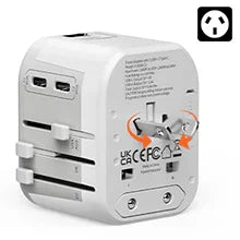 Universal plug adapter being used in Europe, Asia, and North America