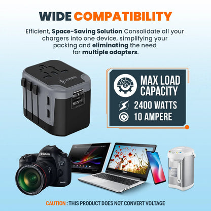 Travel adapter charging phone, laptop, earbuds, and power bank at once