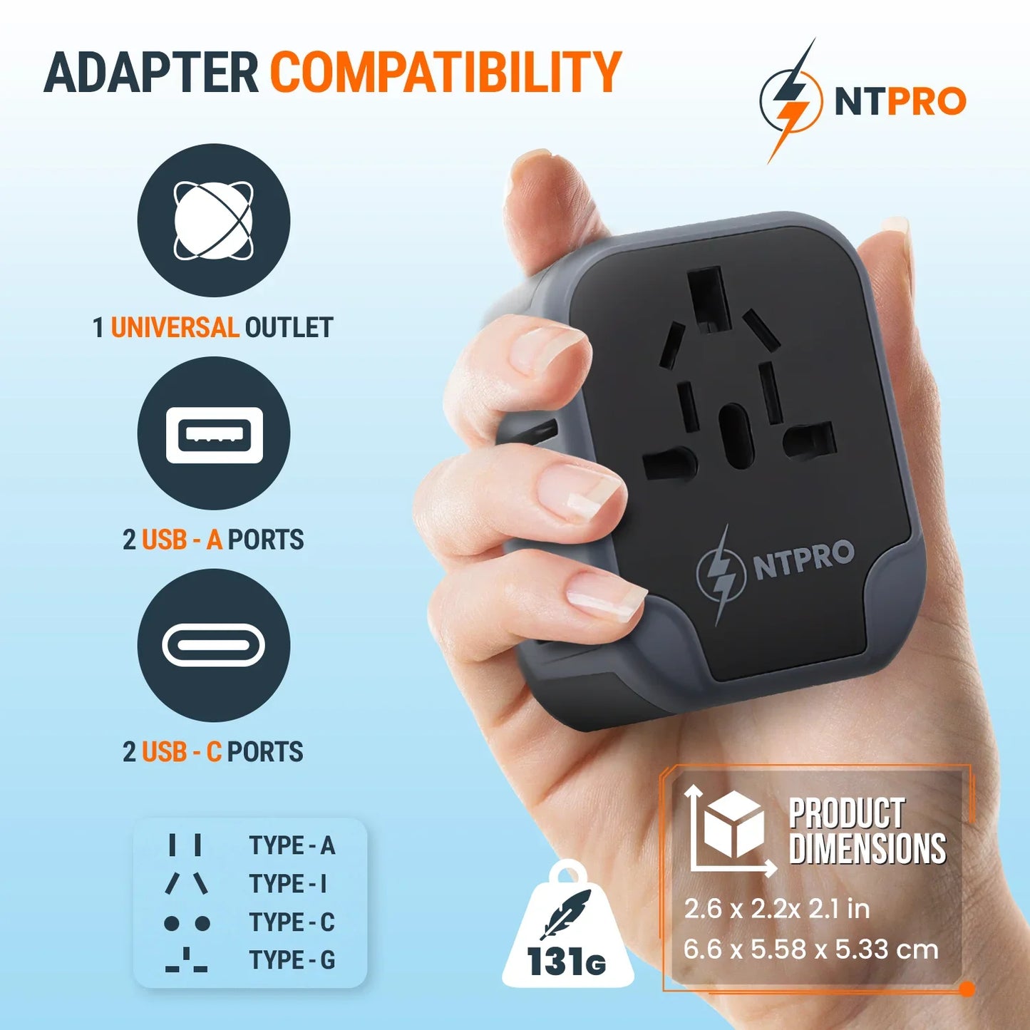 Dual 10A fuse protection and safety chip inside NTPRO travel plug
