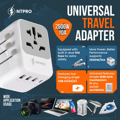  Travel adapter powering smartphone, tablet, and laptop at once via USB-A and USB-C ports