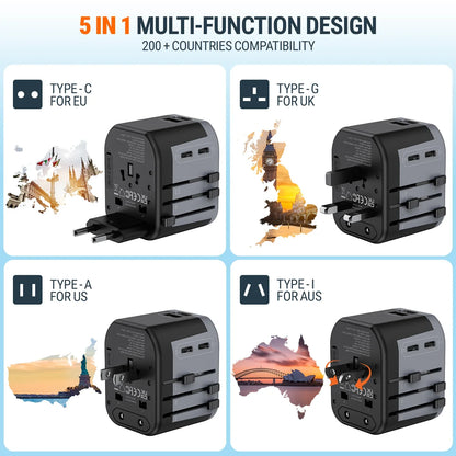 Interchangeable UK, US, EU, and AU plug options with slide-lock mechanism