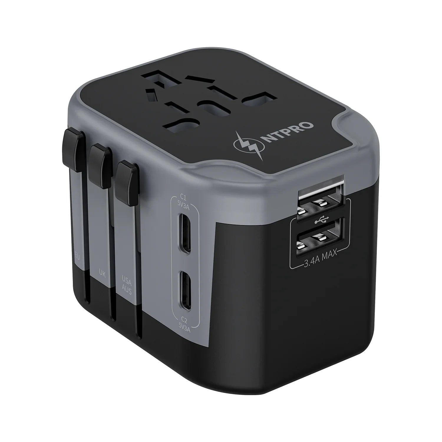  NTPRO 5-in-1 universal travel adapter with USB-C and USB-A ports