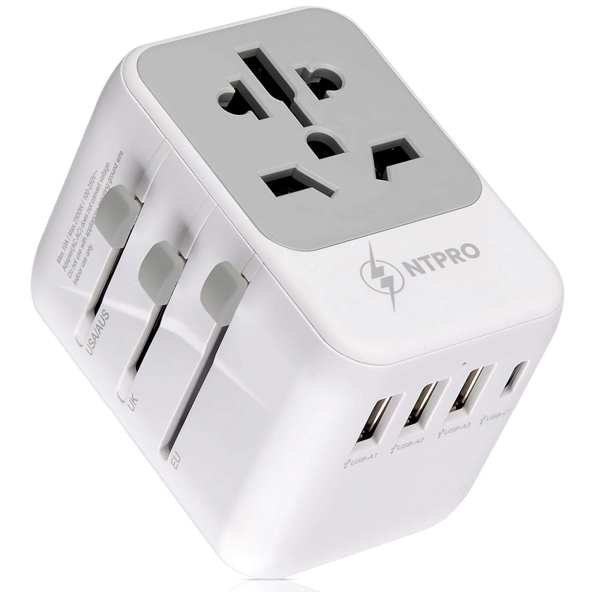 TPRO 5-in-1 universal travel adapter front view with USB ports and power socket