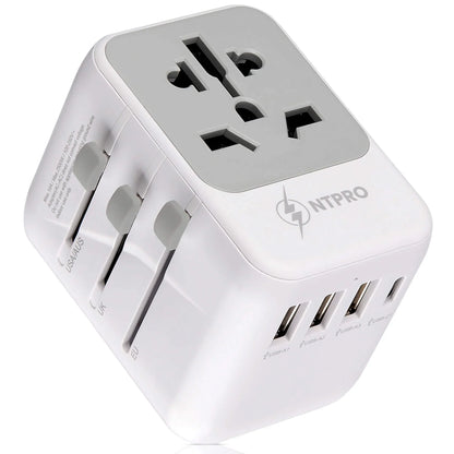 TPRO 5-in-1 universal travel adapter front view with USB ports and power socket