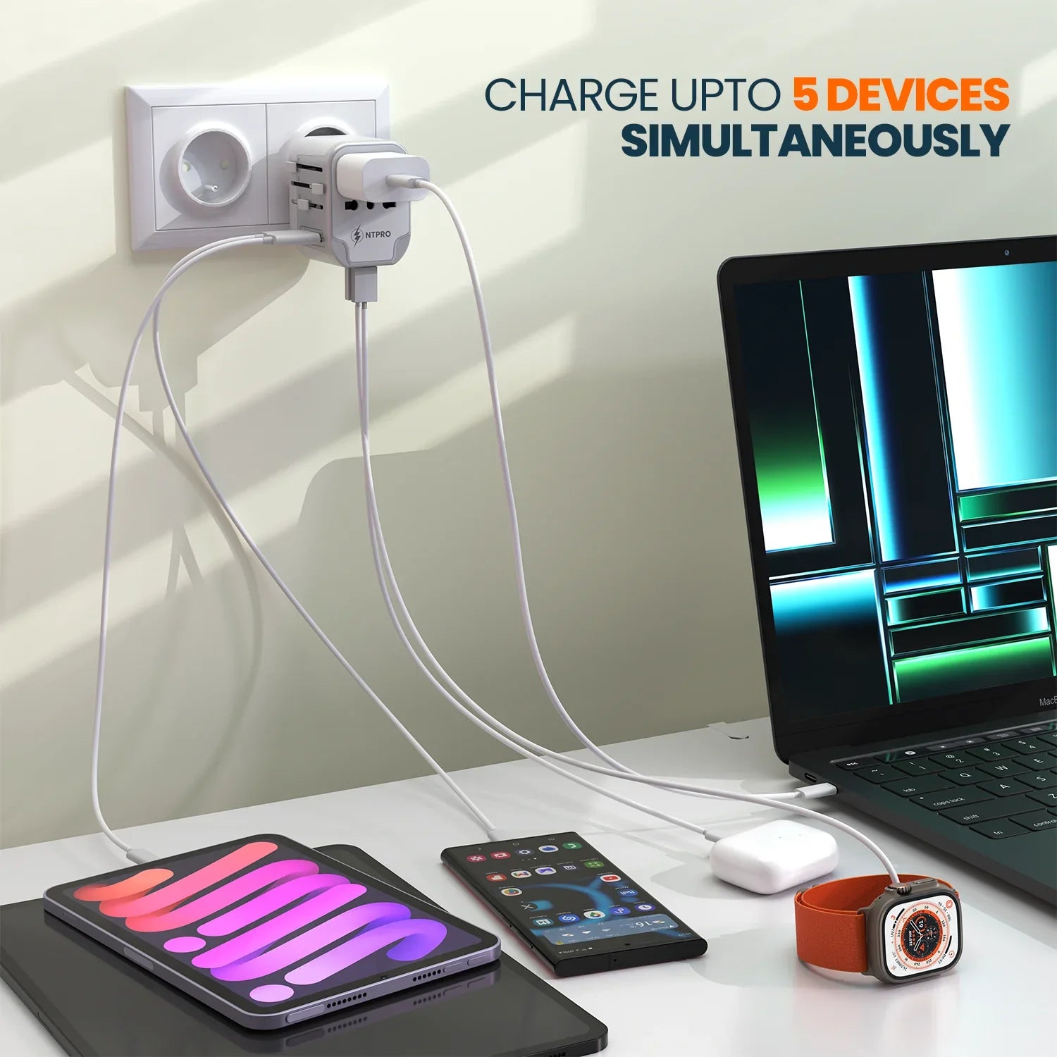 Travel adapter specifications showing 2400W max support