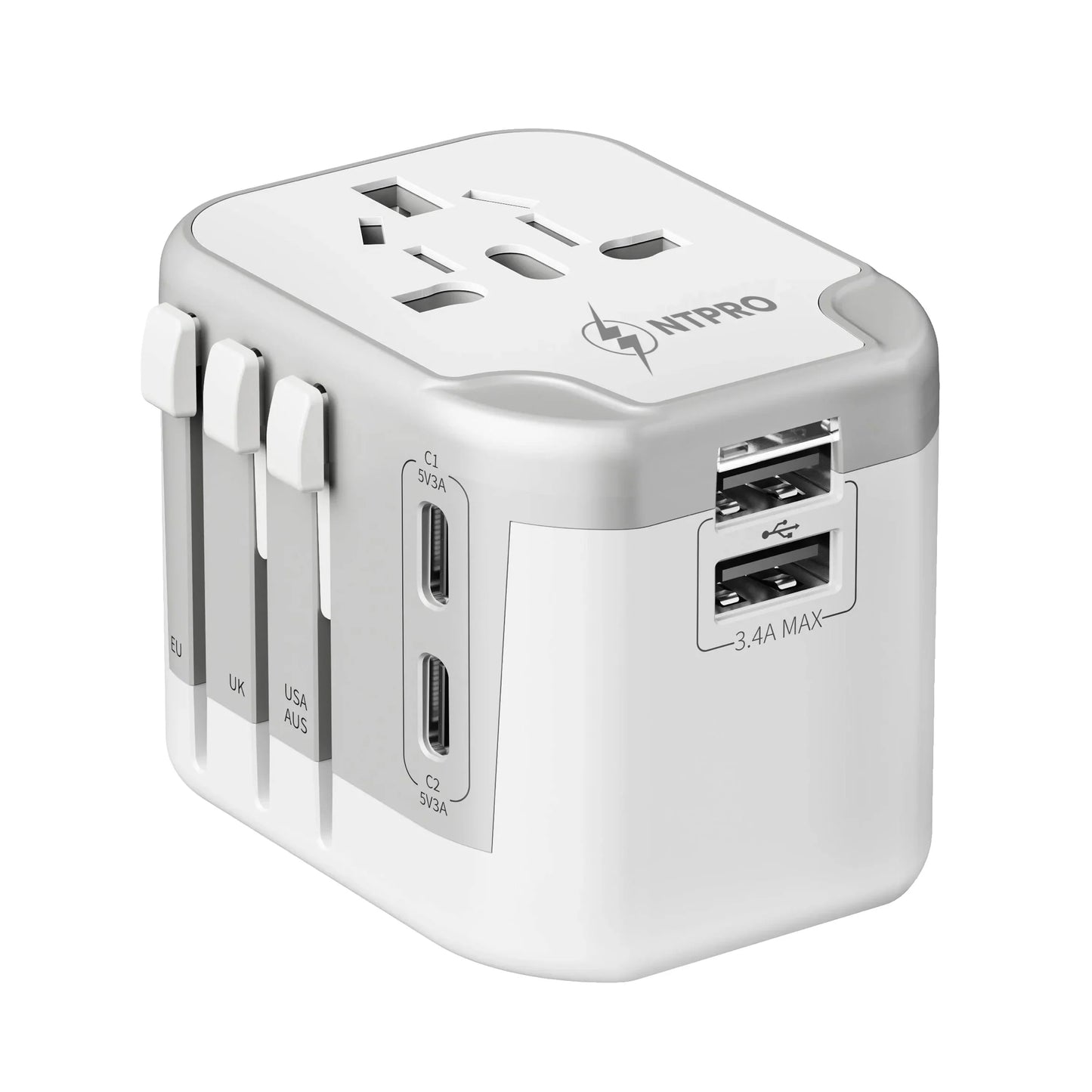 Universal travel plug adapter with multi-country plug compatibility and USB ports