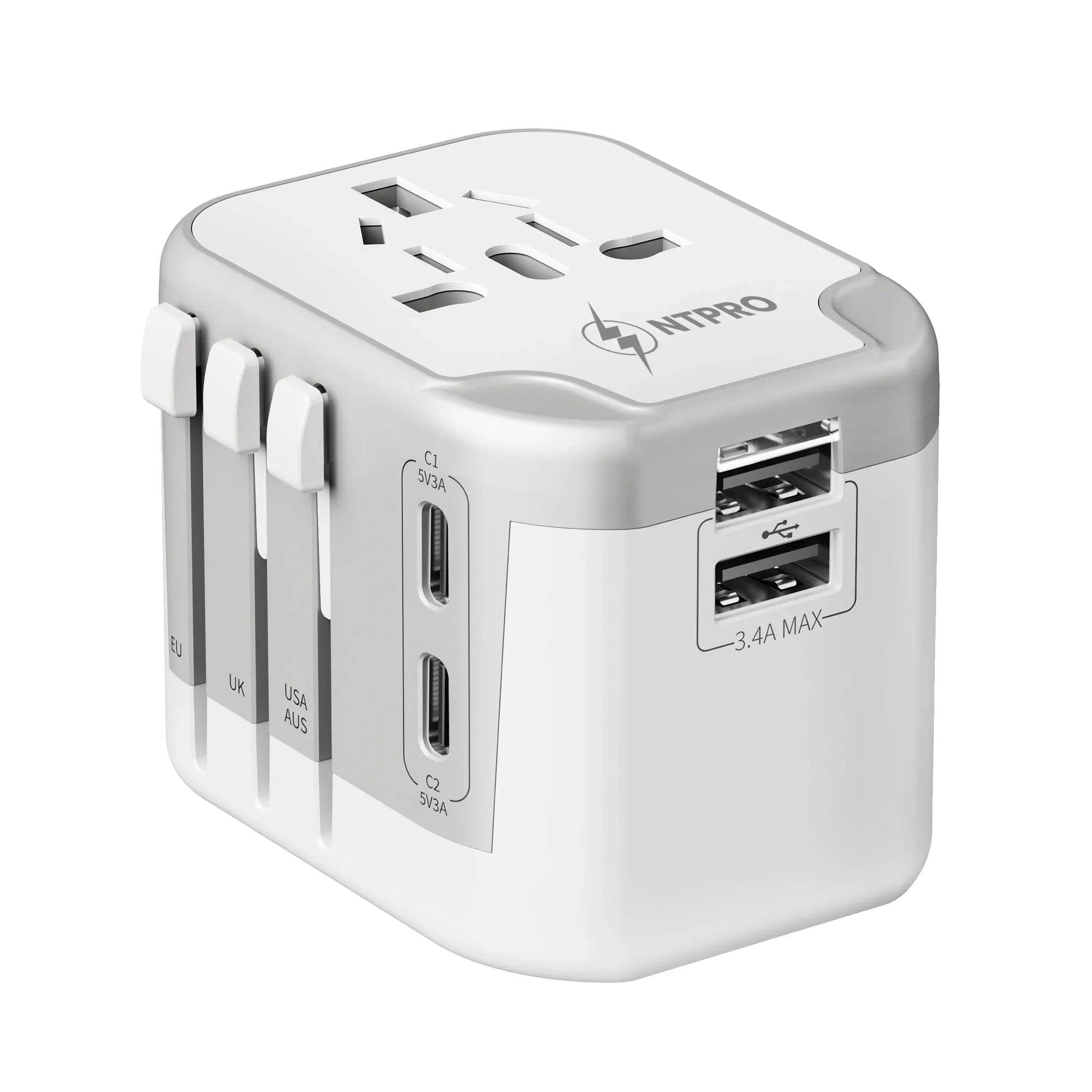 Universal travel plug adapter with multi-country plug compatibility and USB ports