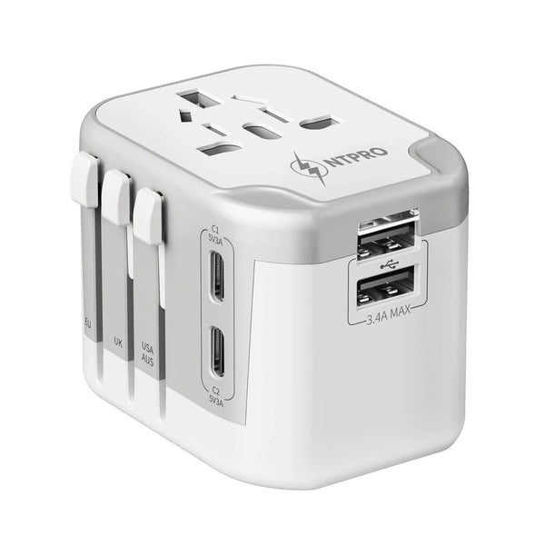 NTPRO 5-in-1 Universal Travel Adapter | 2 USB-C, 2 USB-A | 2400W Fast Charging Plug for 200+ Countries
